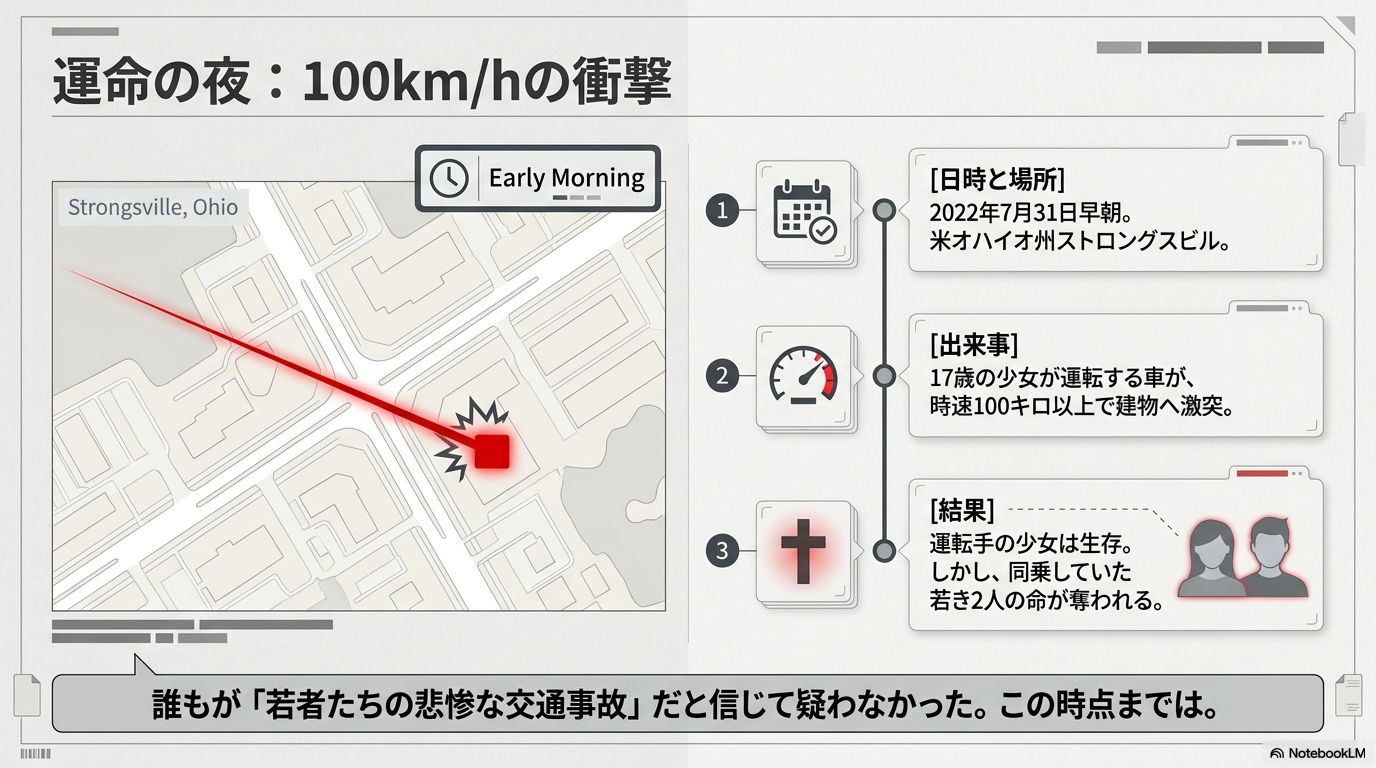 オハイオ州ストロングスビルの地図上に赤い突入ラインが描かれたスライド。2022年7月31日早朝、17歳の少女が運転する車が時速100キロ以上で建物へ激突し、同乗者2名が亡くなった経緯が記載されている。