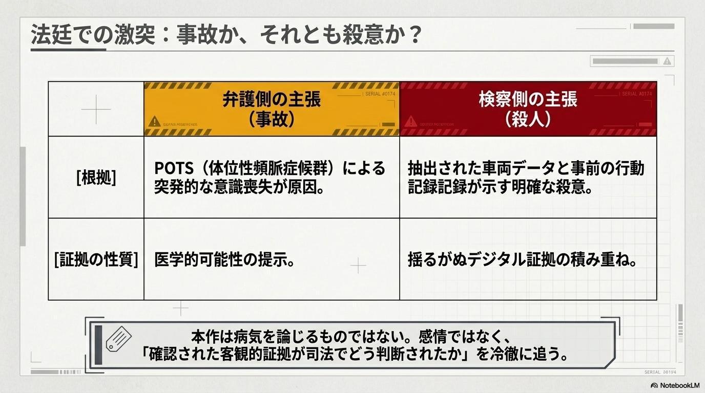 取り調べや法廷で沈黙を貫いた被告が、本作において弁護士同席・時間制限のもとで初めてカメラの前で自ら語ることを示す、椅子と音声波形が描かれたスライド。