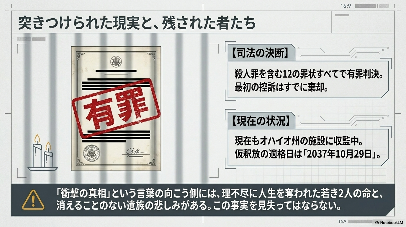 「有罪」のスタンプが押された書類のイメージと、殺人罪を含む12の罪状すべてで有罪判決が下り、仮釈放適格日が2037年10月29日である現在の状況を示したスライド。