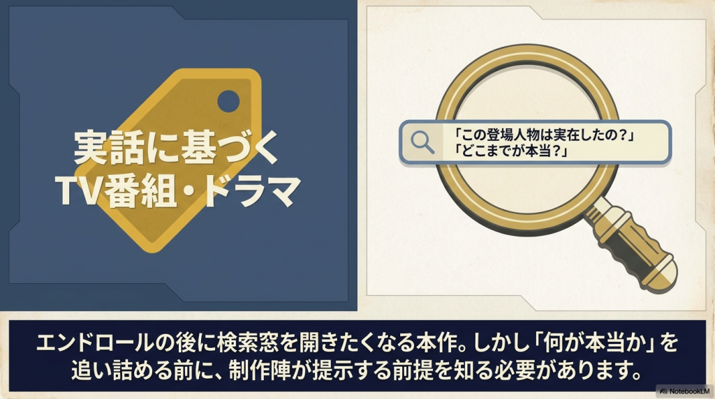 虫眼鏡の中に検索窓が重なり、「この登場人物は実在したの?」「どこまでが本当?」という疑問テキストが並ぶイラスト。