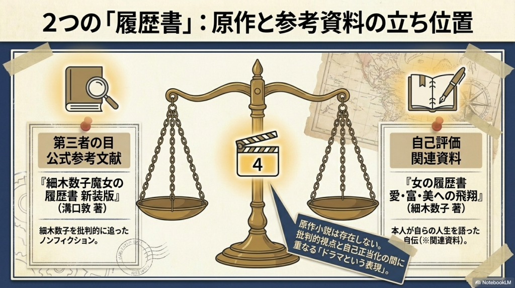 第三者の目である公式参考文献『細木数子魔女の履歴書 新装版』(溝口敦著)と、自己評価である関連資料『女の履歴書』(細木数子著)の2つの立ち位置を対比した図。