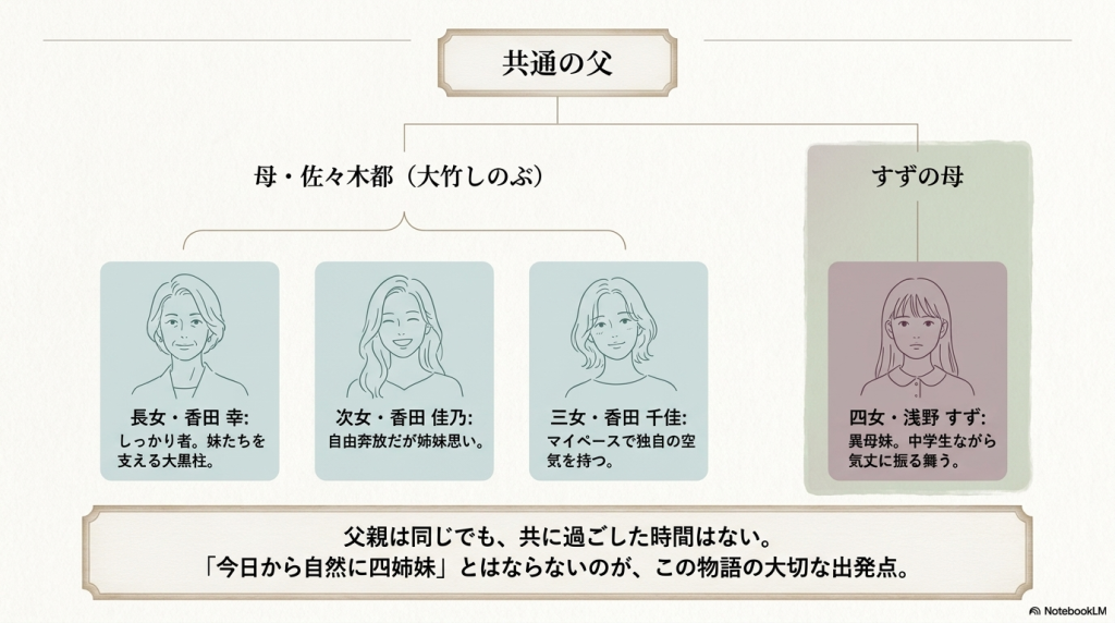 父の訃報、葬儀での出会い、幸の提案、四姉妹の誕生までを4段階で示した物語紹介スライド